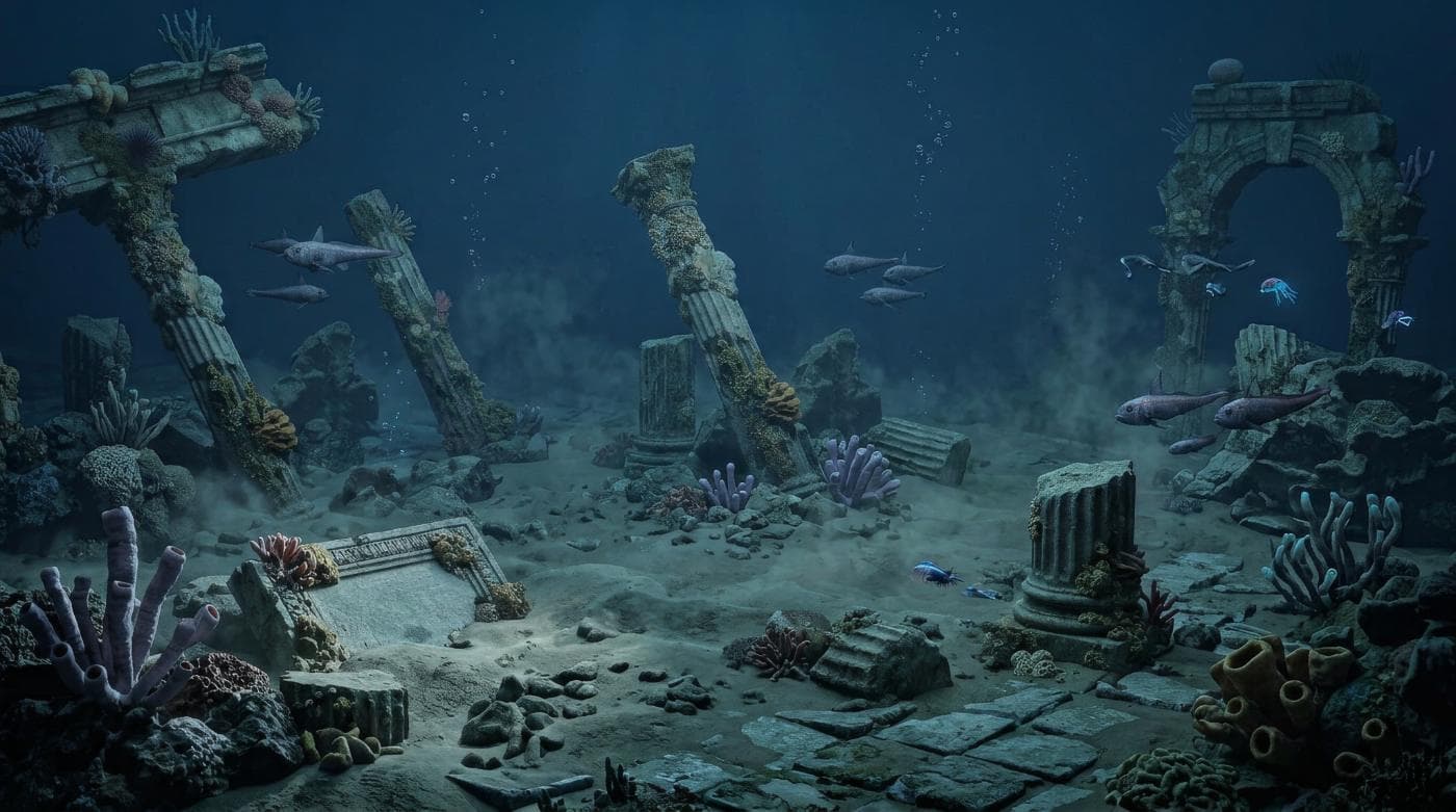 Underwater ruins and sea life