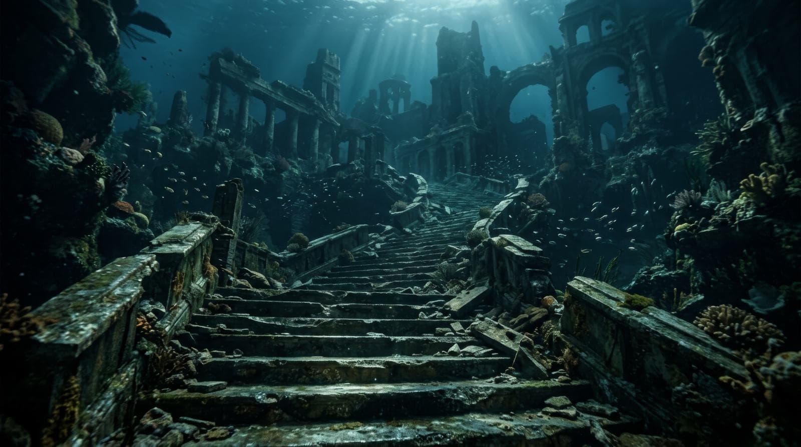 Underwater ruins illuminated by a pink exploration submersible
